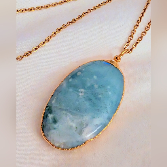 Large Oval Larimar Stone Pendant, Hand Made Gold Setting, Simple Chain Necklace - Picture 2 of 6